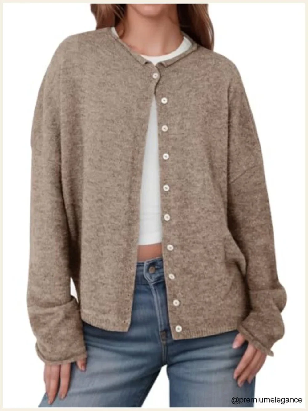 Soft Lightweight Knit Button Up Cardigan Sweater Long Sleeve Crew Neck Loose